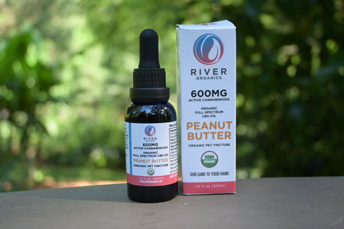 600mg peanut butter pet tincture with box in garden